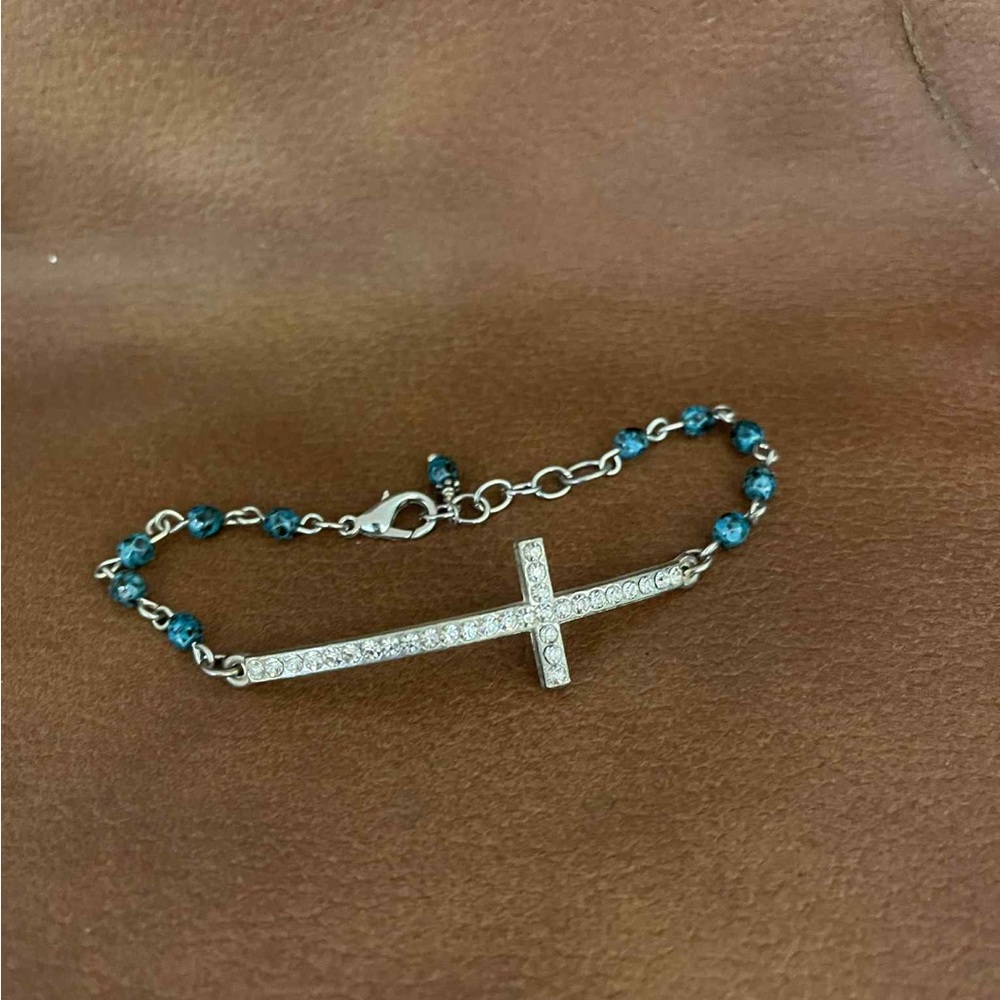 Silver Cross Bracelet with Blue Beads